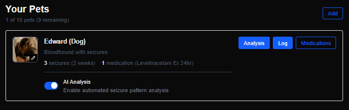 Interactive dashboard showing multiple pets with profile images, individual health events, and seizure logs