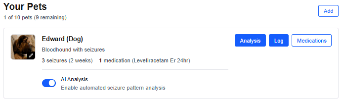 Interactive dashboard showing multiple pets with profile images, individual health events, and seizure logs