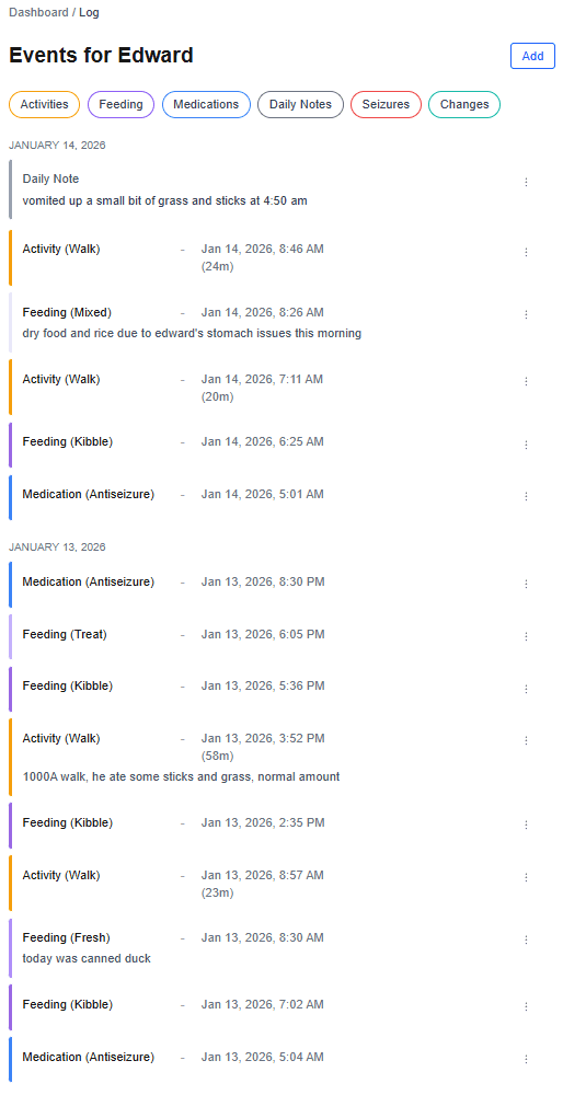 Interactive timeline showing seizure events, medication doses, and seizure-free periods with detailed event correlation