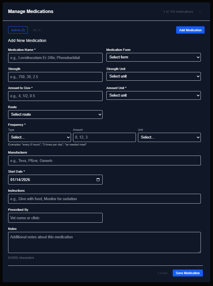 Add medications screen showing dosage tracking, history, and reminders