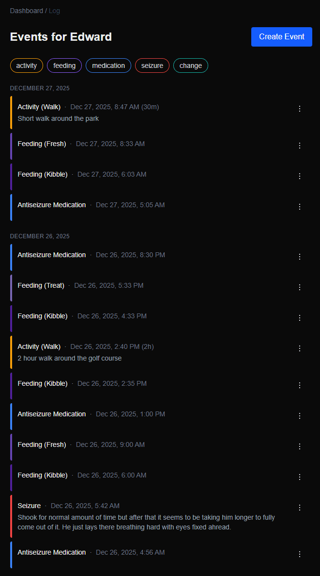 Mobile-friendly seizure logging interface showing quick event entry, medication tracking, and emergency contact features