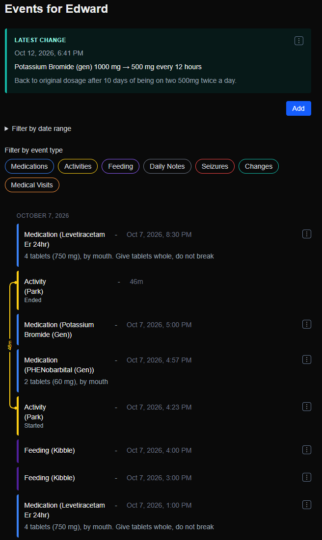 Edward's Log showing a pet's timeline of seizures, medications, meals, and observations