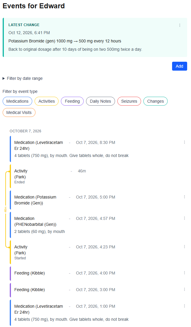 Edward's Log showing a pet's timeline of seizures, medications, meals, and observations